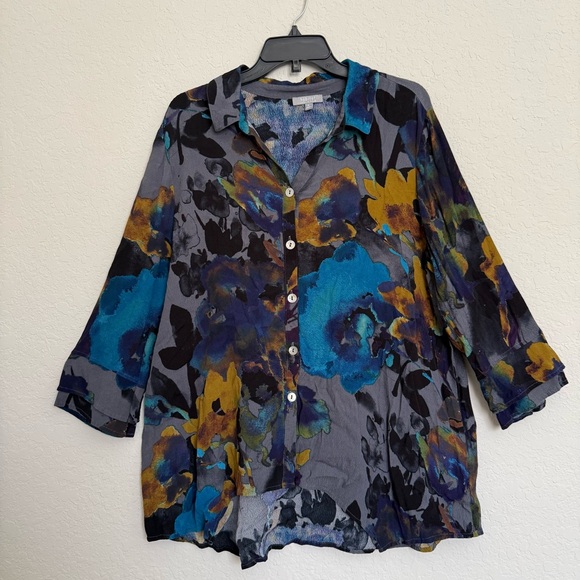Habitat Tops - Habitat Floral Watercolor Button Front Blouse Size XL Boho Lagenlook Art Teacher